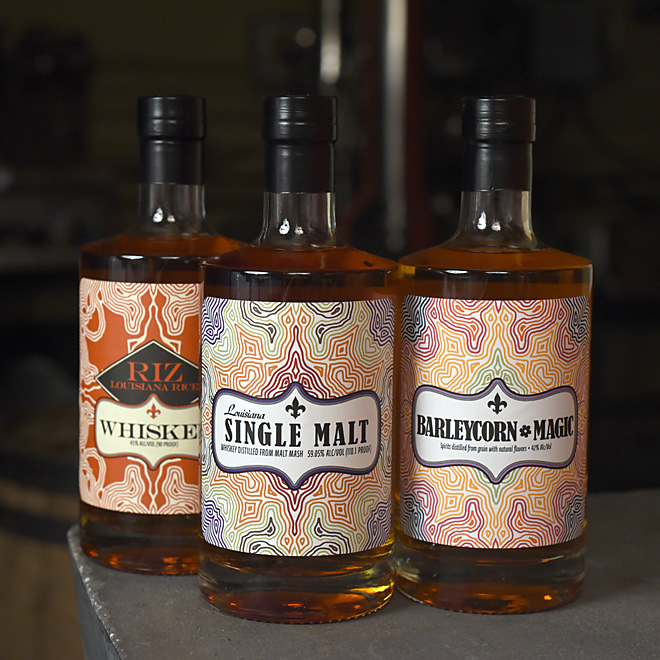 3 shot of Louisiana Single Malt Cask Strength; Riz, Louisiana Rice Whiskey; and Barleycorn Magic